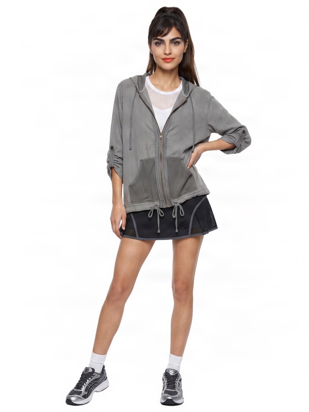 XCVI Soft Gray Utility Windbreaker Jacket Full Zip Longsleeve Hoodie Ruched Mes - Picture 14 of 16
